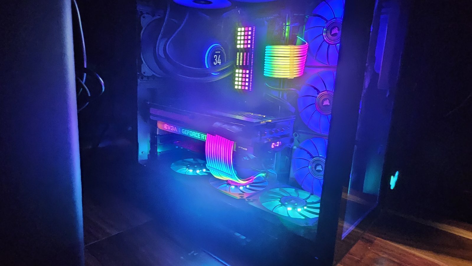 Full custom gaming PC in tempered glass case with RGB lighting
